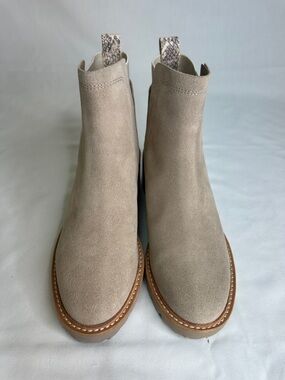 Dolce Vita Beige Suede Chelsea Booties with Snakeskin Pull Tabs